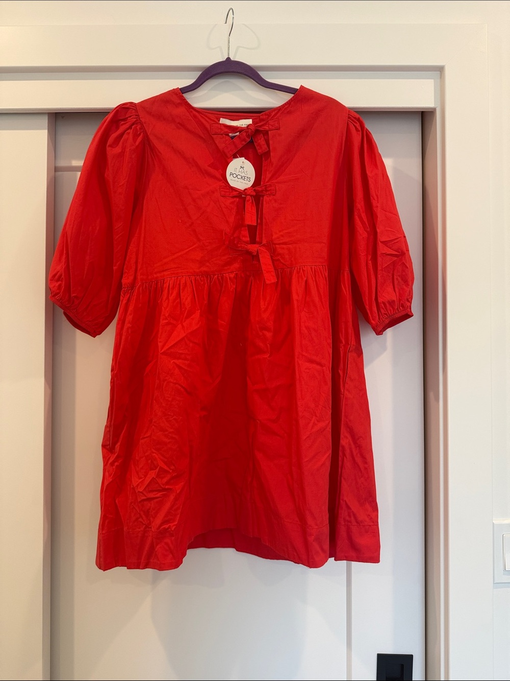 Red Tie-Front Puff Sleeve Mini Dress